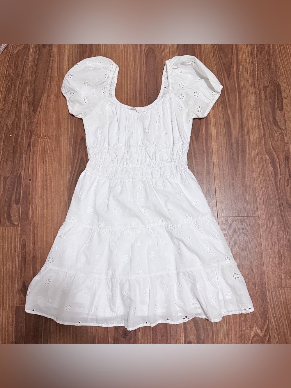 Bluenotes White Eyelet Puff Sleeve Smocked Dress